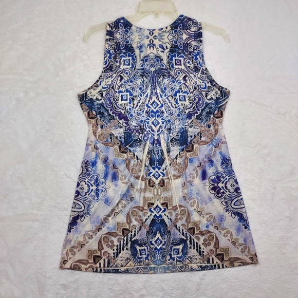Apt. 9 Blue Cream Tan Design Beaded Detail Sleeveless Stretch Tunic Blouse Sz S - Picture 7 of 9